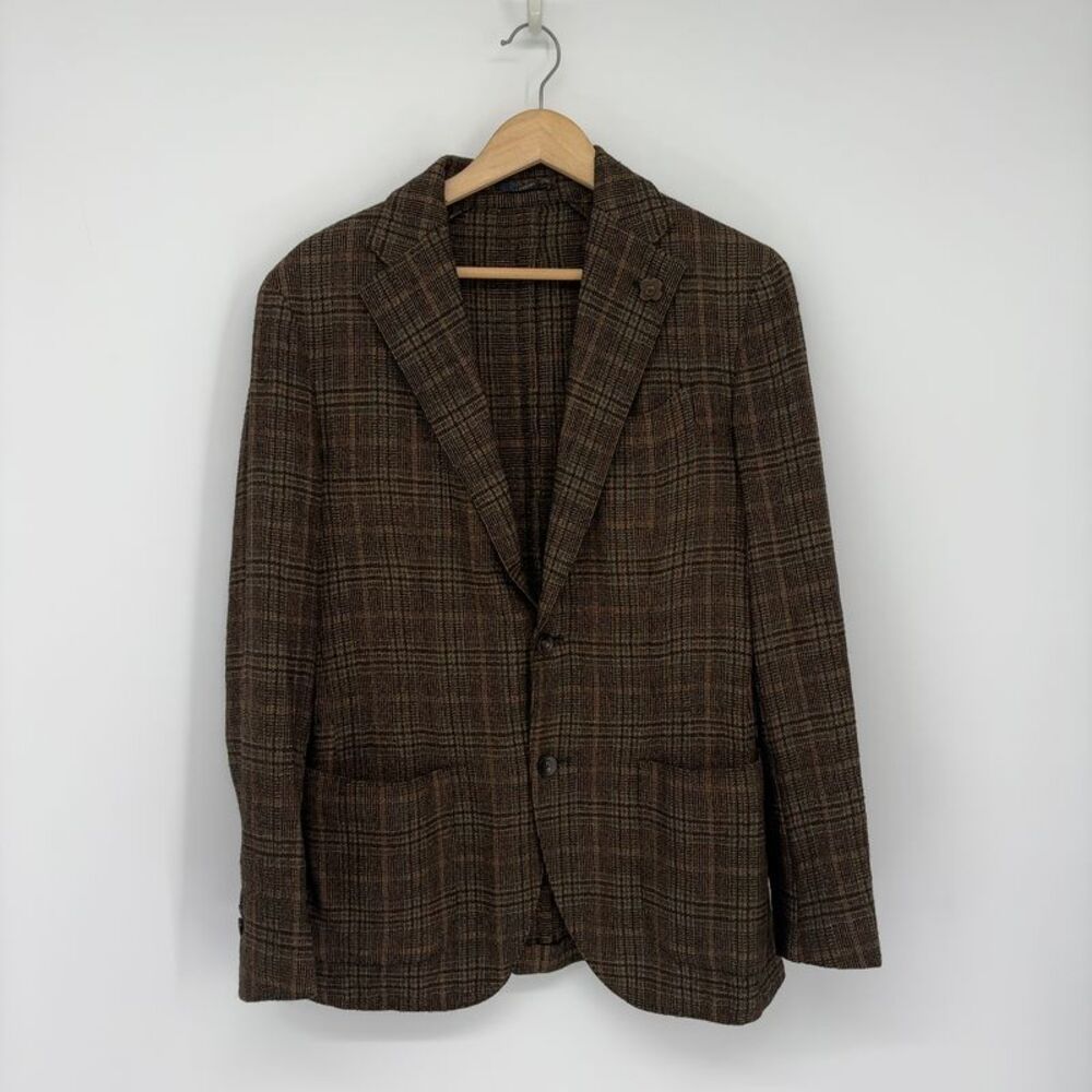 Lardini Brown Glen Plaid Wool Linen Blazer